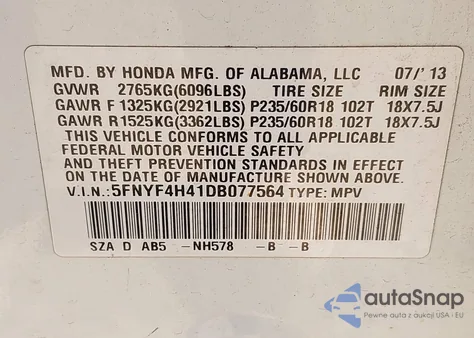 2013 Honda Pilot Ex из США, поврежденный, VIN 5FNYF4H41DB077564